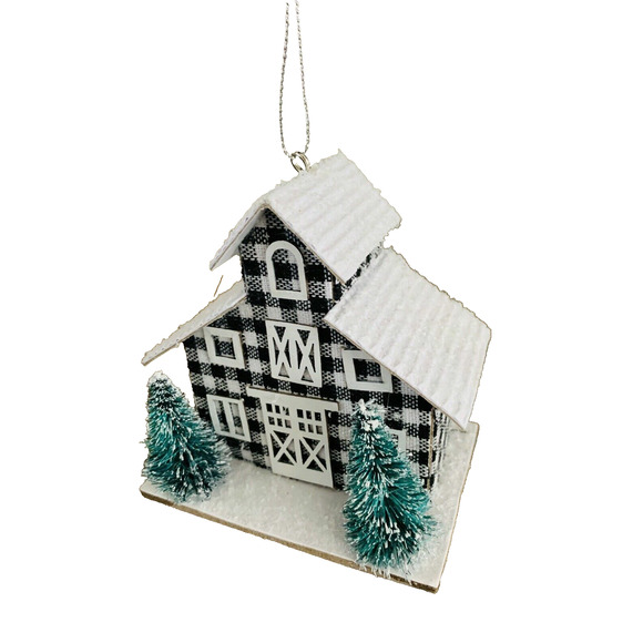 2 Buffalo Plaid Black an White Barn Style Christmas Ornament Fir Trees - Picture 5 of 7